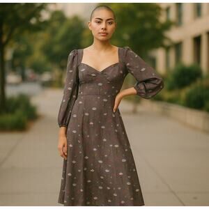 Backyard Roses Sweetheart Puff Sleeve Midi Dress Brown Floral Size S M